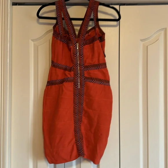 59 BEBE | Orange And Black Bandage Dress - Picture 2 of 3